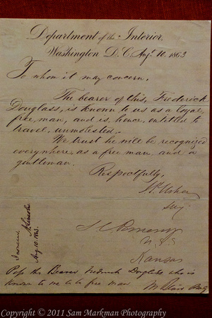 "Free pass" letter replica attesting that Frederick Douglass was a free man.