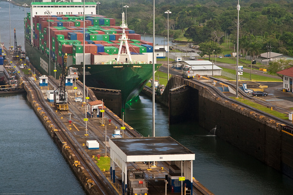 Panama Canal Transit on the Island Princess - Gatun Locks - Gates open for a container cargo ship